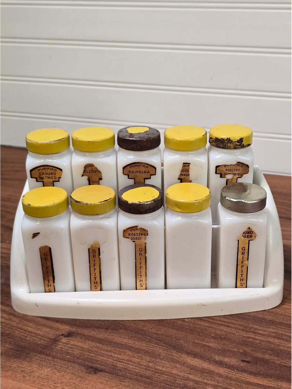 Vintage Griffith's Milk Glass Spice Jars Yellow Lids WWII Plastic Rack 10pc